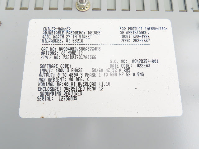 Cutler Hammer HV9040 VFD Adjustable Speed Drive 40HP 480V Oversized Enclosure
