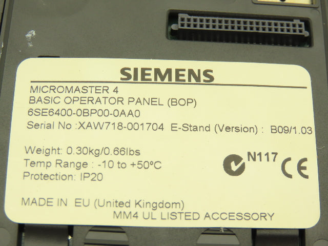 Siemens Micromaster 4 VFD Basic Operator Panel