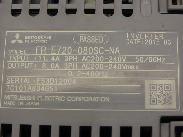 Mitsubishi Electric FR-E720-080SC E700 VFD Inverter Drive 240V 3PH 8 Amp 2HP