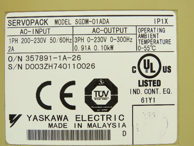 Yaskawa SGDM-01ADA ServoPack Servo Drive 1Ph 230V In 0.1kW 230V 0.91A 3Ph Out
