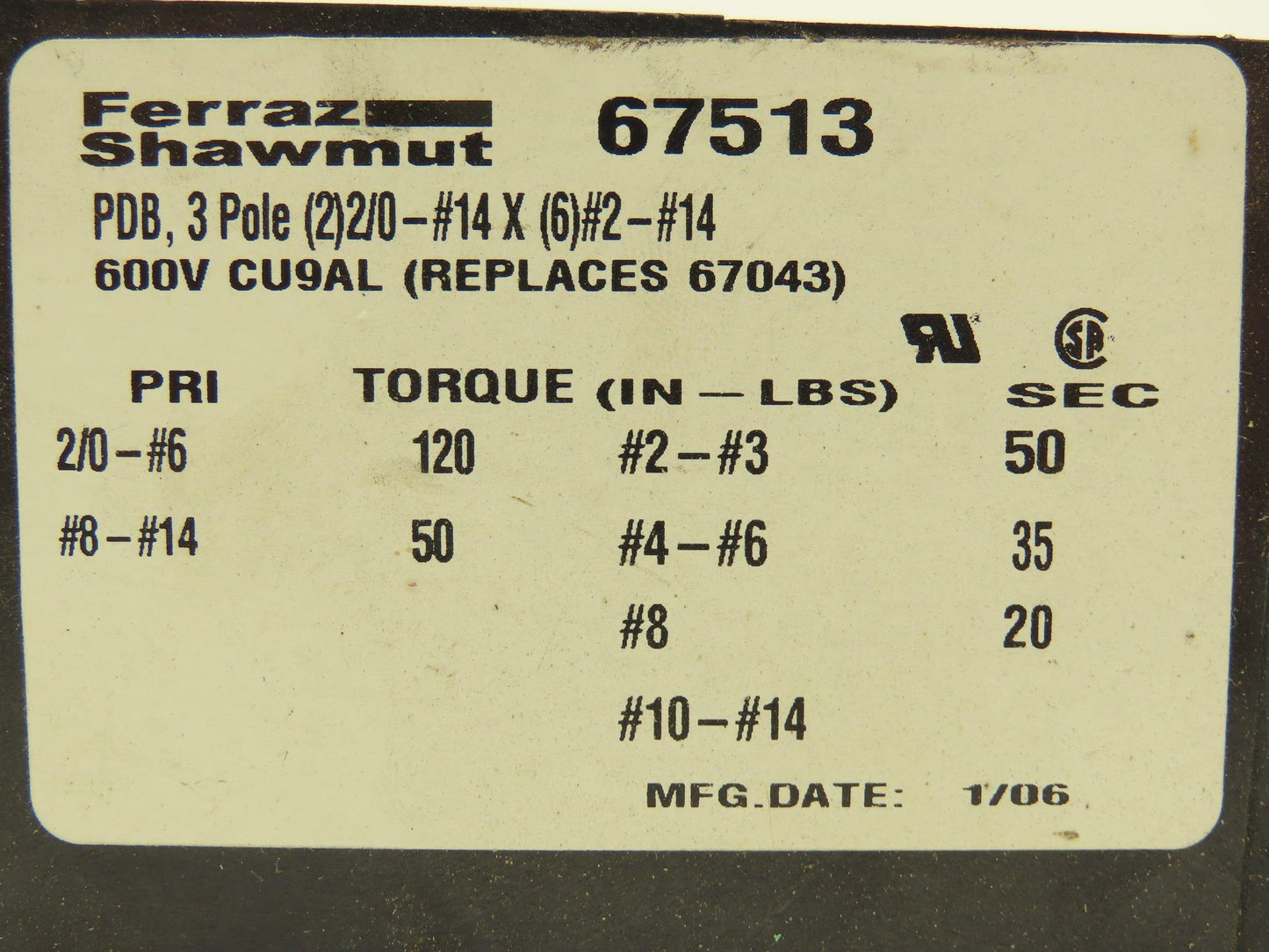Ferraz Shawmut 67513 Power Distribution Block 600V 350A 3 Pole