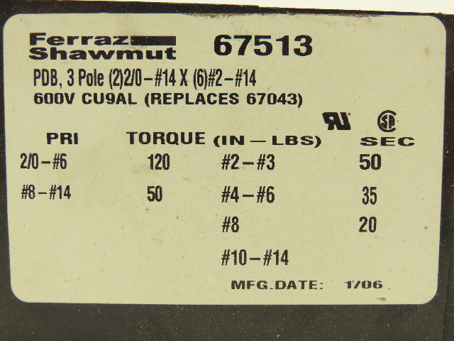 Ferraz Shawmut 67513 Power Distribution Block 600V 350A 3 Pole