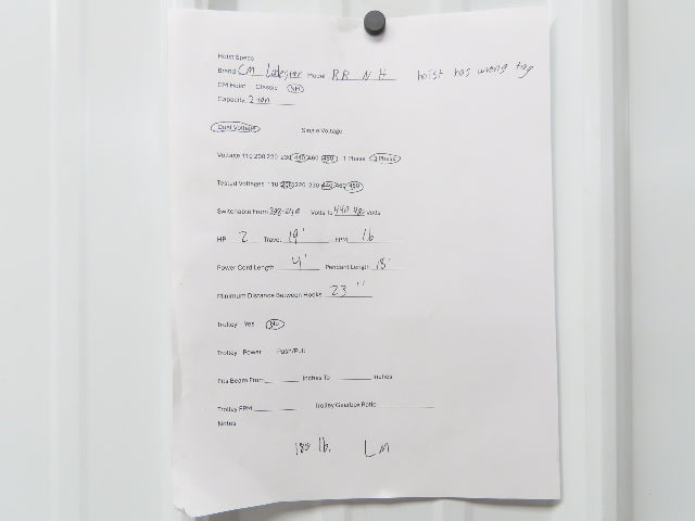 CM Lodestar RR 2 Ton Electric Chain Hoist 16 FPM 19' Lift 230/460 3PH 18'Control