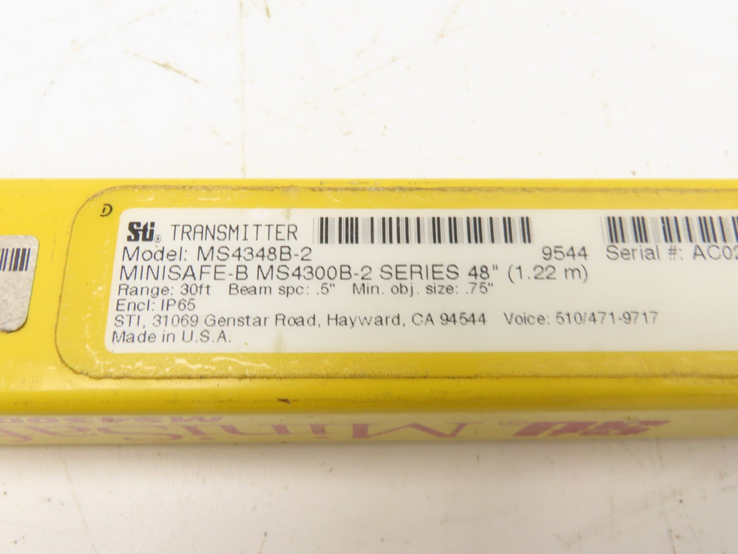 STI MS4348B-2 Light Curtain Transmitter MiniSafe-B 30' Range 48" Long