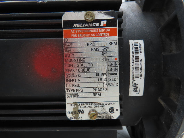 Reliance B18H1070P-ZZ AC Servo Motor Brushless Control 3Hp 2000 RPM 180C Frame