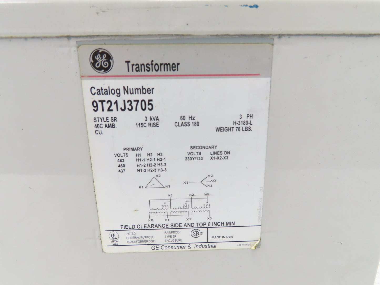 General Electric 9T21J3705 Power Transformer 3kVA 3Ph HV 480/460/440 LV 230/133