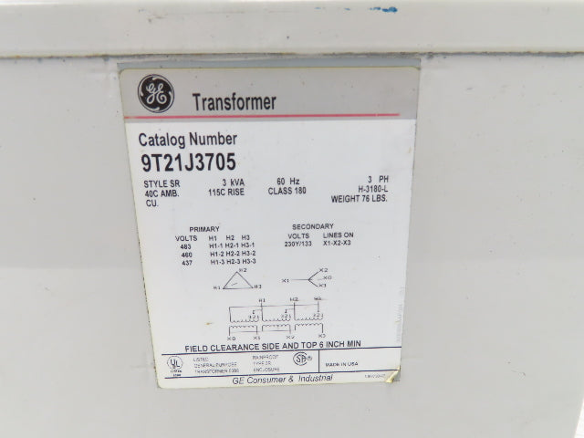 General Electric 9T21J3705 Power Transformer 3kVA 3Ph HV 480/460/440 LV 230/133