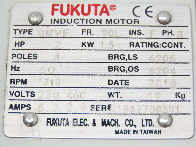 Fukuta GMVF Metric AC Motor 1.5kw 2Hp 1710rpm 230/460V 3PH IEC 90L Frame