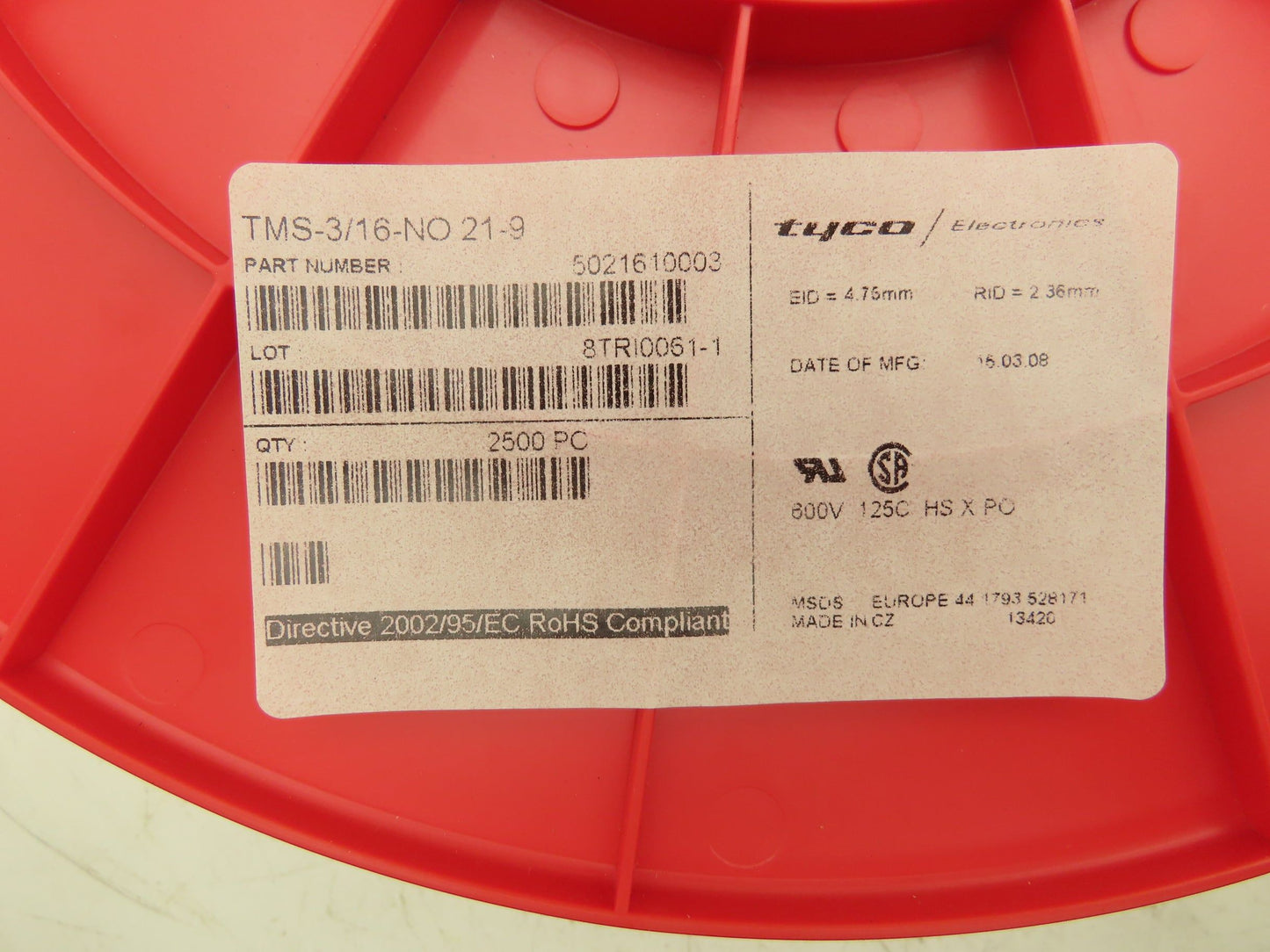 Tyco TMS-3/16-NO.21-9 Wire Label Marker Heat Shrinkable 600V 125°C Lot of 2500