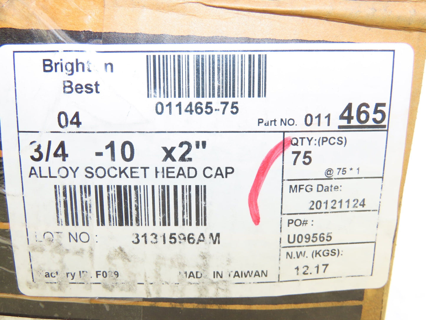 011465-75 Bolt Screw 3/4"-10 Full Thread 2" L Socket Head Cap Lot of 75