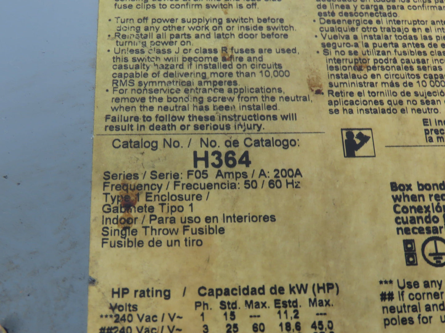Square D H364 Safety Disconnect Switch Series F05 Fusible 200A 600VAC 3Ph 3 Pole