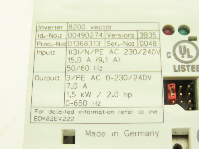 Lenze EDK82EV222 8200 vector Inverter Drive 1/3Ph 240V In 2Hp 240V 7A 650Hz