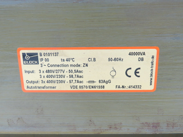 Block Power Transformer 4kVA 3Ph HV 480/400/277/230 LV 400/230 Class 155 60Hz