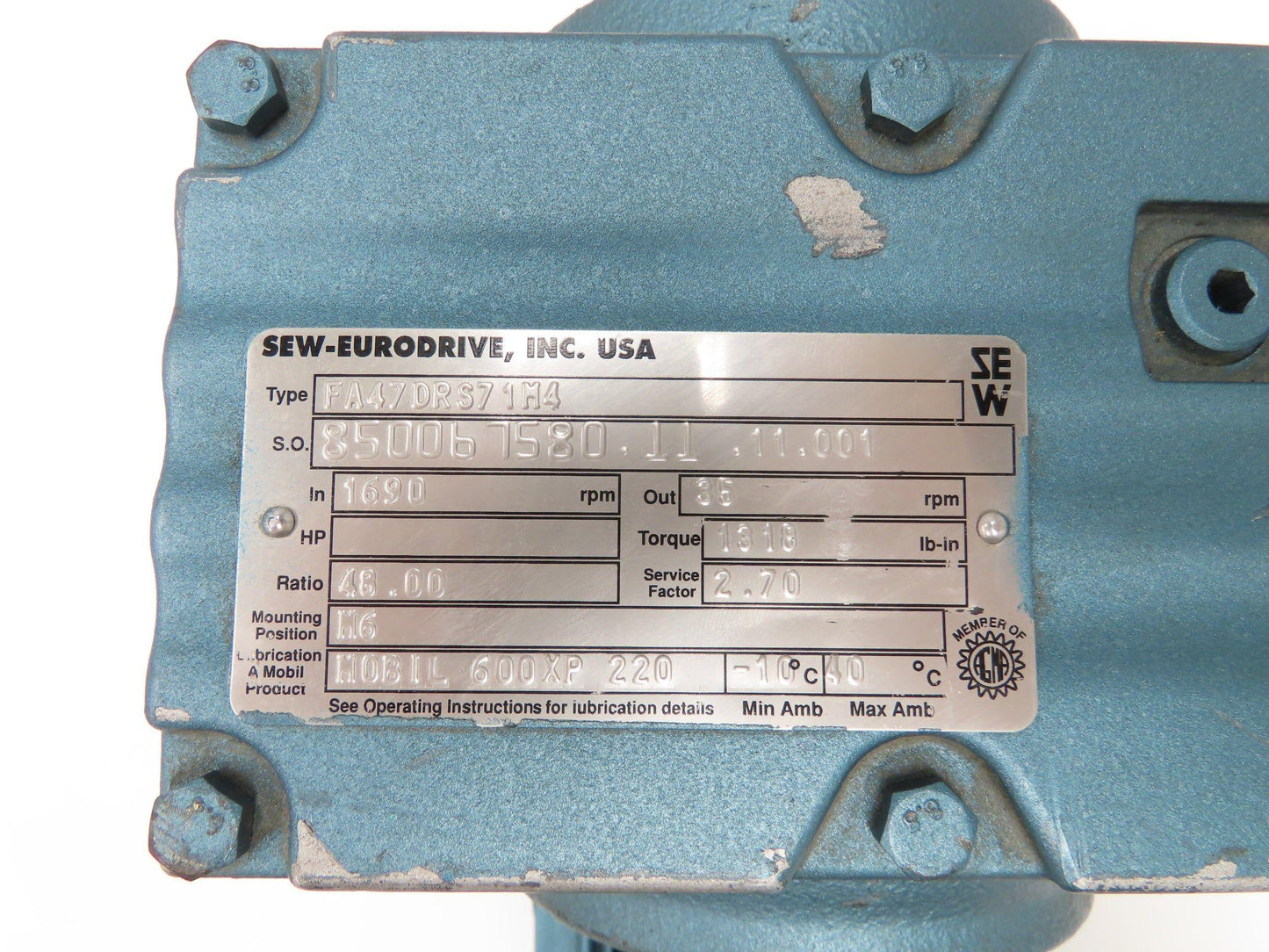 Sew Eurodrive FA47DRS71M4 Gearmotor 48:1 Ratio 3/4Hp 35rpm 460V Hollow Shaft