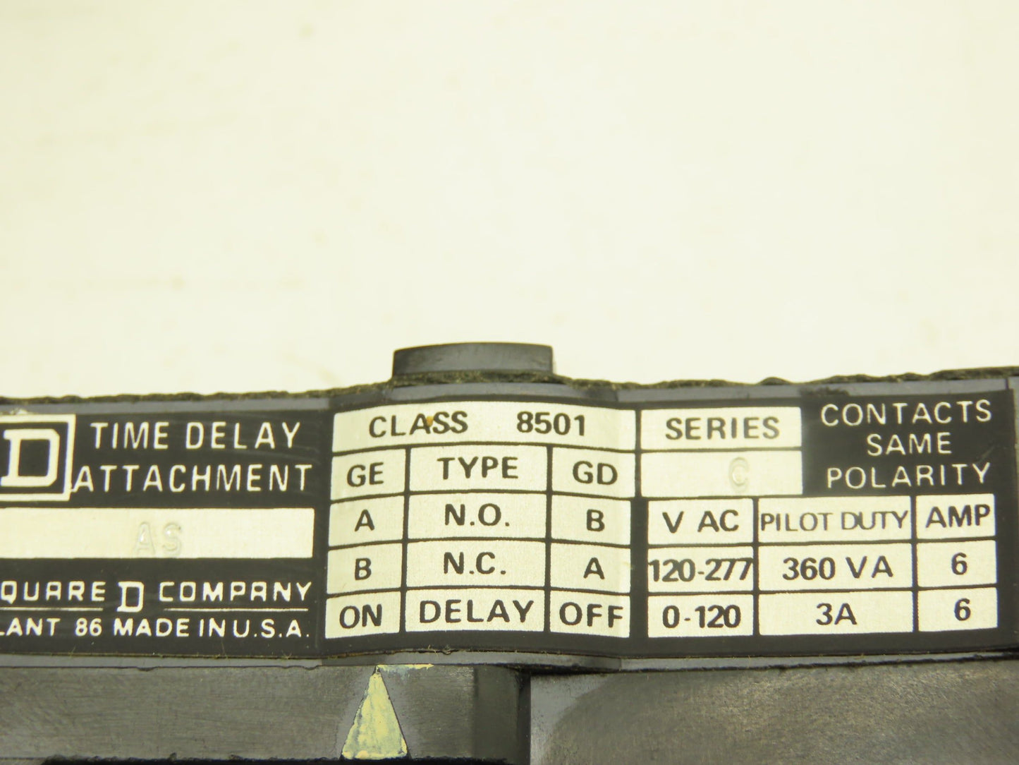 Square D 8501 AS Time Delay Attachment On-Delay 1NO 1NC