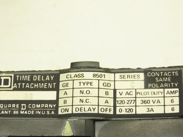 Square D 8501 AS Time Delay Attachment On-Delay 1NO 1NC