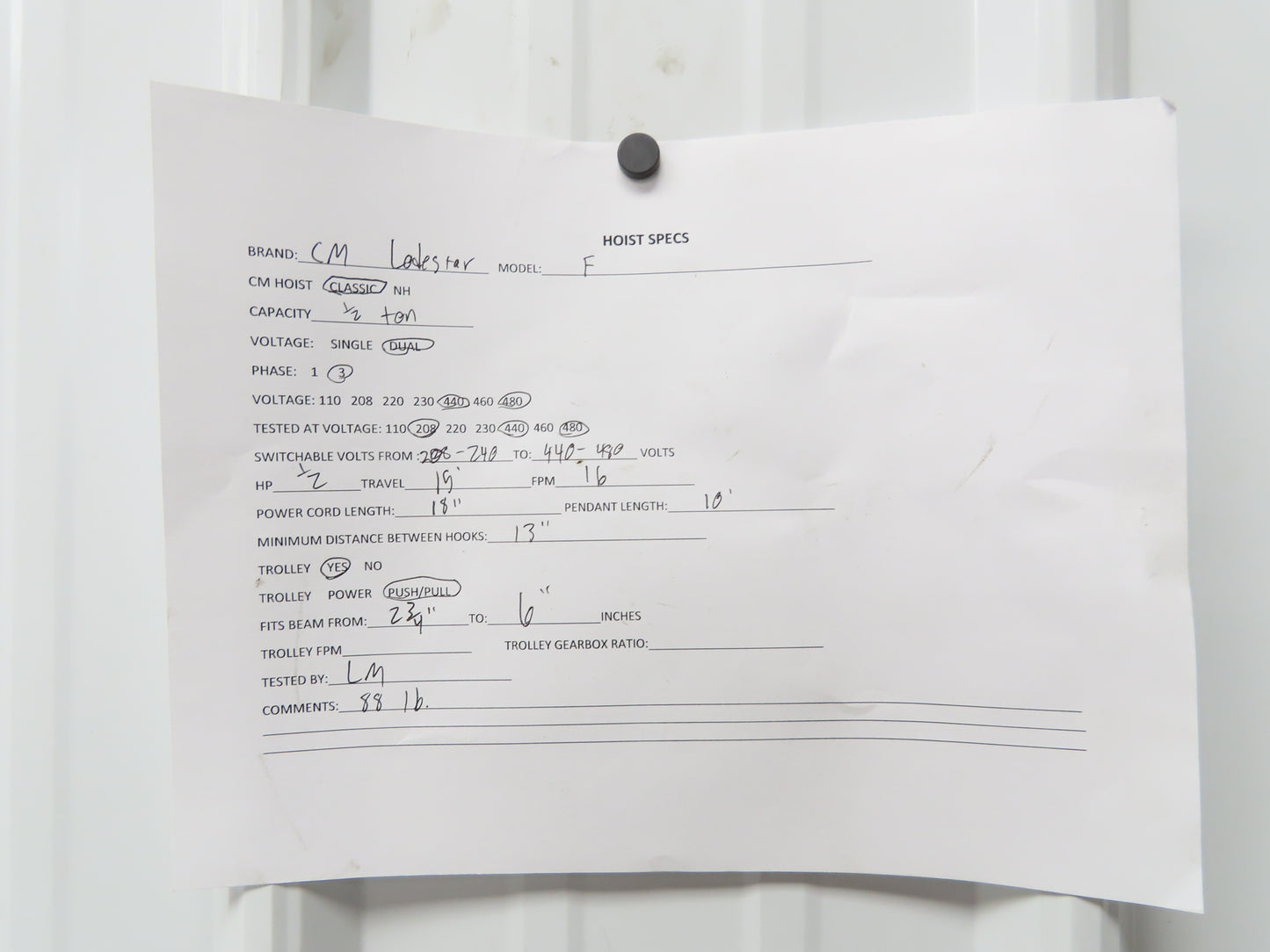 CM Lodestar F 1/2 Ton Electric Chain Hoist 16 FPM 15' Lift 230/460 V Trolley