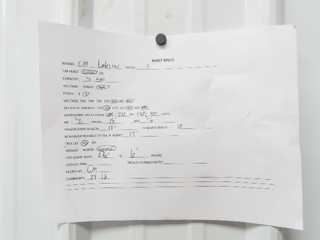 CM Lodestar F 1/2 Ton Electric Chain Hoist 16 FPM 15' Lift 230/460 V Trolley