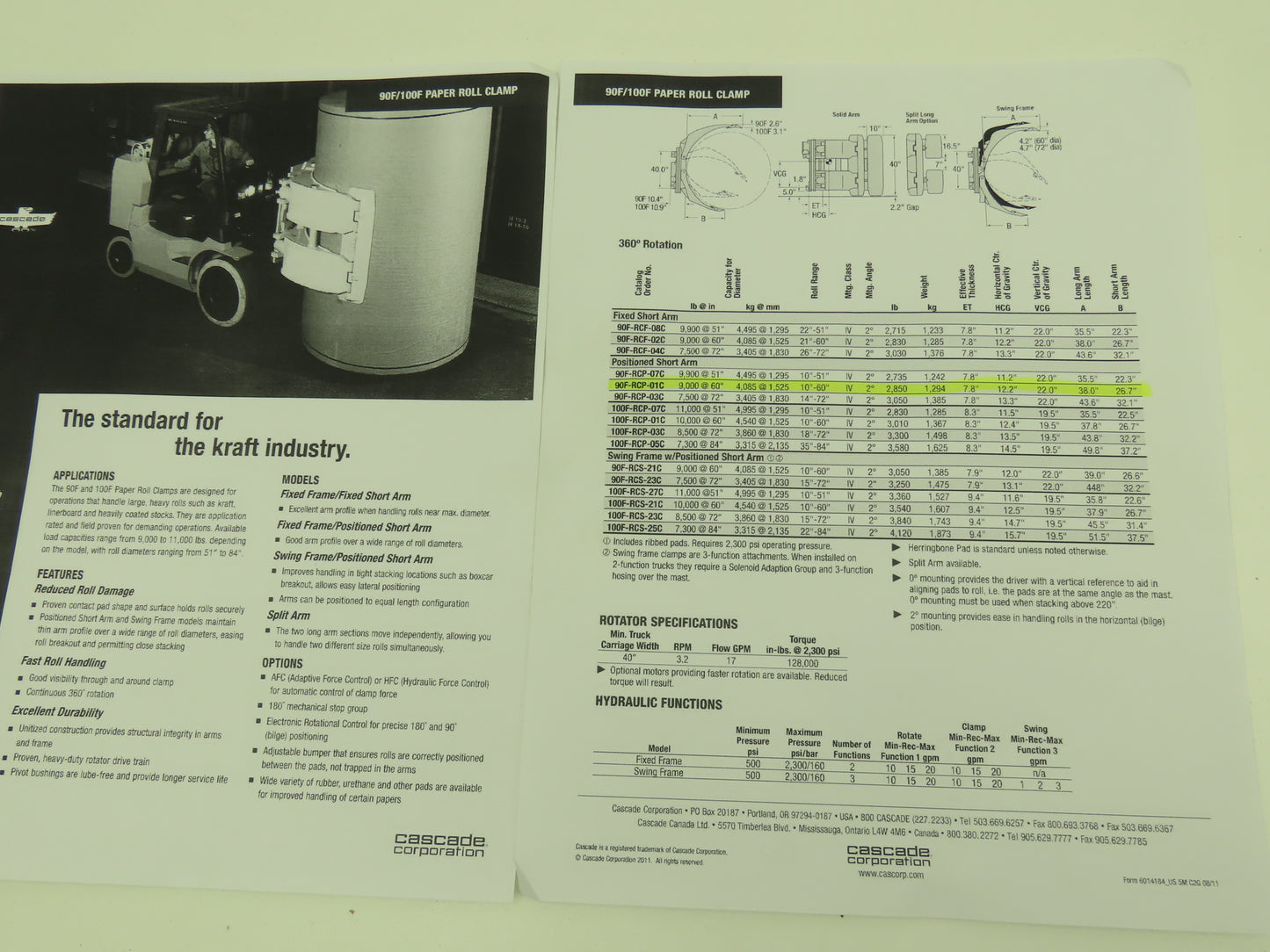 Cascade 90F 60" Paper Roll Clamp 9000LB Fork Lift Truck Attachment Class 4