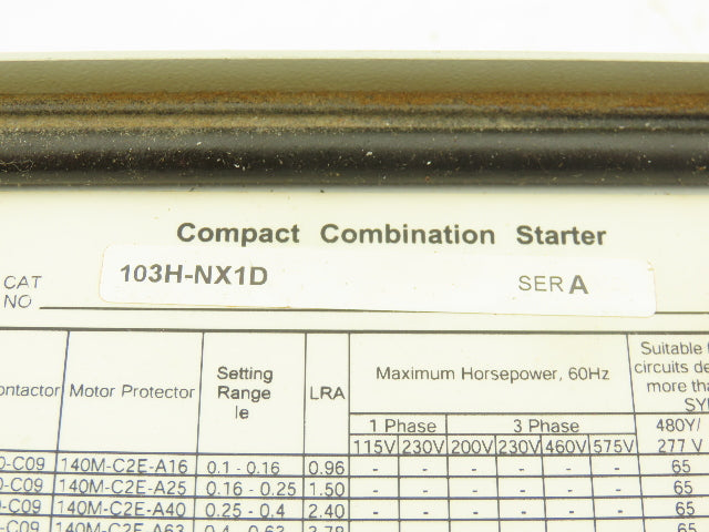 Allen Bradley 103H-NX1D Combination Motor Starter Control Panel 208V/120V