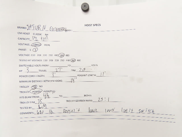 Saturn Engineering 1 1/2 Ton Electric Cable Hoist 25' Lift 20 FPM Trolley 460 V