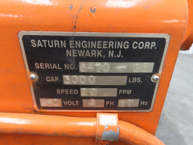 Saturn Engineering 1 1/2 Ton Electric Cable Hoist 15'Lift 20FPM Curved Beam 460V