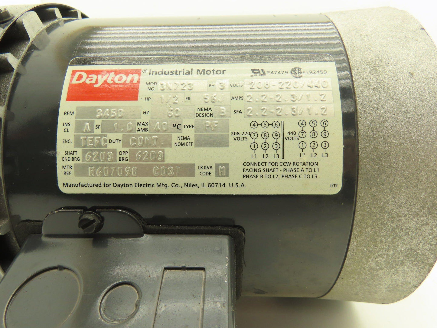 Dayton 3N723 AC Electric Motor 1/2Hp 3450rpm 220/440v 3Ph 56J Frame TEFC