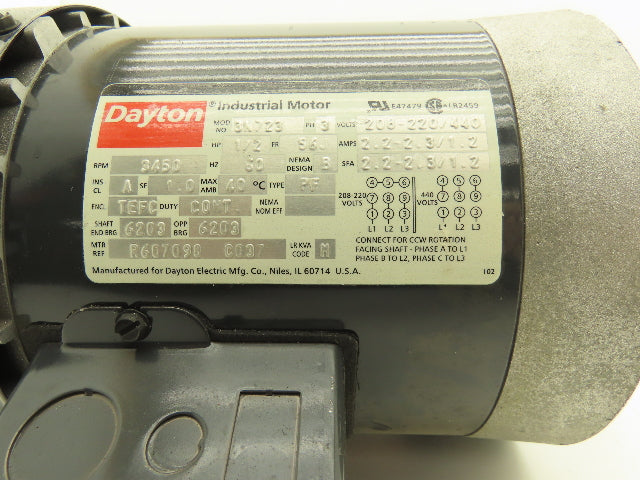 Dayton 3N723 AC Electric Motor 1/2Hp 3450rpm 220/440v 3Ph 56J Frame TEFC