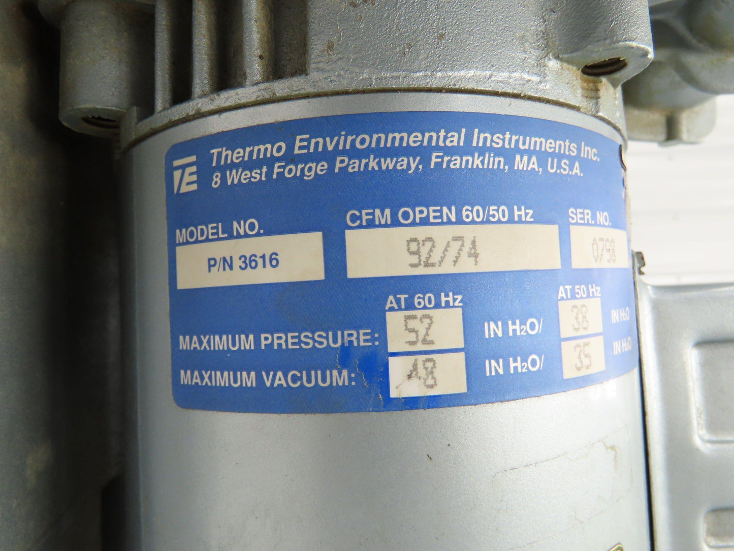 Thermo Environmental 3616 Regenerative Blower Vacuum Pump 1Hp 115/230v 1ph 92CFM