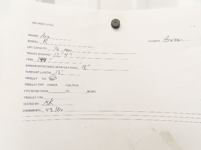 Aro R 1/4 Ton 500 LB Pneumatic Air Chain Hoist 12'4" Lift 12' Pull Chain