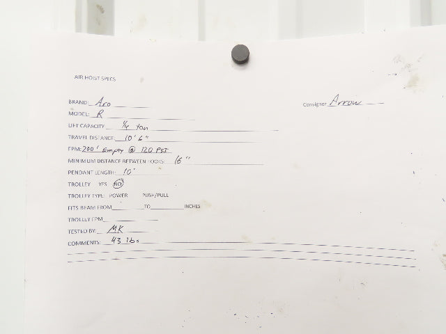 Aro R 1/4 Ton 500 LB Pneumatic Air Chain Hoist 10'6" Lift 10' Pull Chain