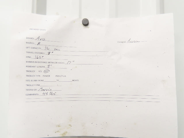 Aro R 1/4 Ton 500 LB Pneumatic Air Chain Hoist 8' Lift 8' Pull Chain