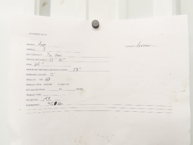 Ingersoll Aro 1/4 Ton 500Lb Pneumatic Air Chain Hoist 12'10" Lift 12' Pull Chain