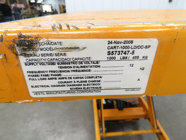 Vestil CART-1000-LD Hydraulic Elevating Lift Cart Table 1000Lbs 12VDC Mobile