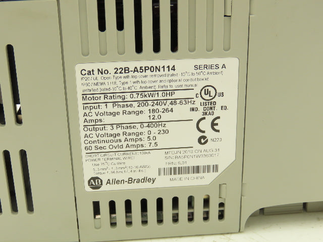 Allen Bradley 22B-A5P0N114 PowerFlex 40 AC Drive Variable Speed VFD 1Hp 230V 1PH