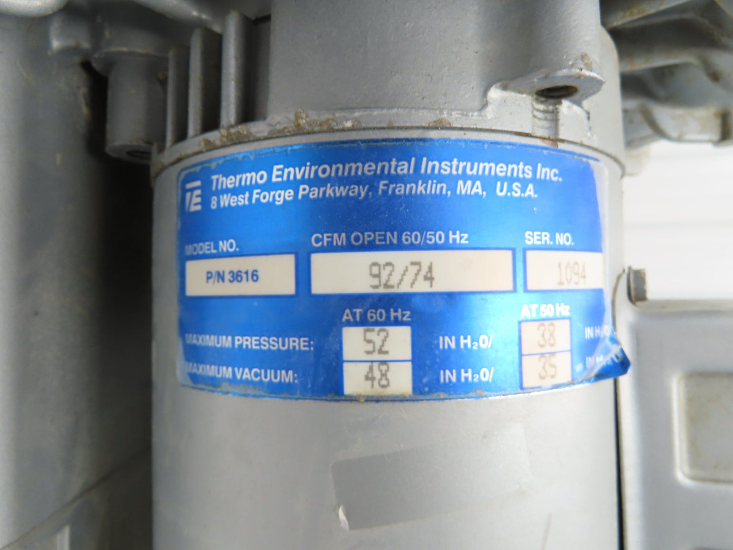Thermo Environmental 3616 Regenerative Blower Vacuum Pump 1Hp 115/230v 1ph 92CFM