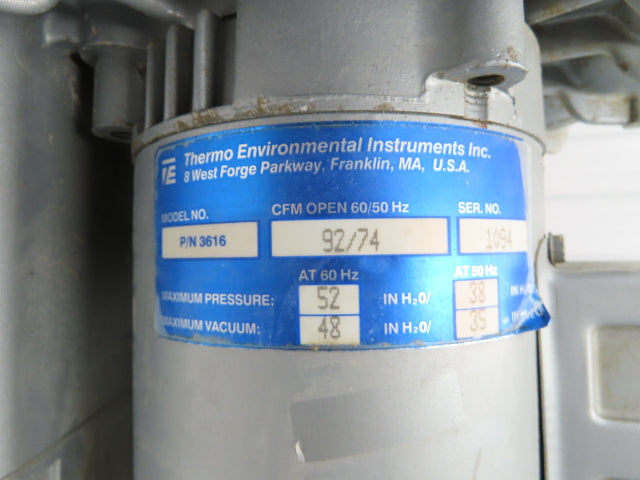 Thermo Environmental 3616 Regenerative Blower Vacuum Pump 1Hp 115/230v 1ph 92CFM