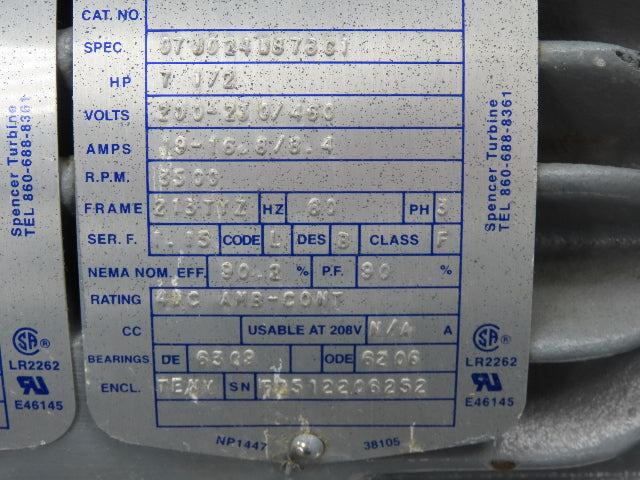 Spencer Vortex VB055B Regenerative Blower Vacuum Motor 7.5hp 230/460V 3ph 370CFM