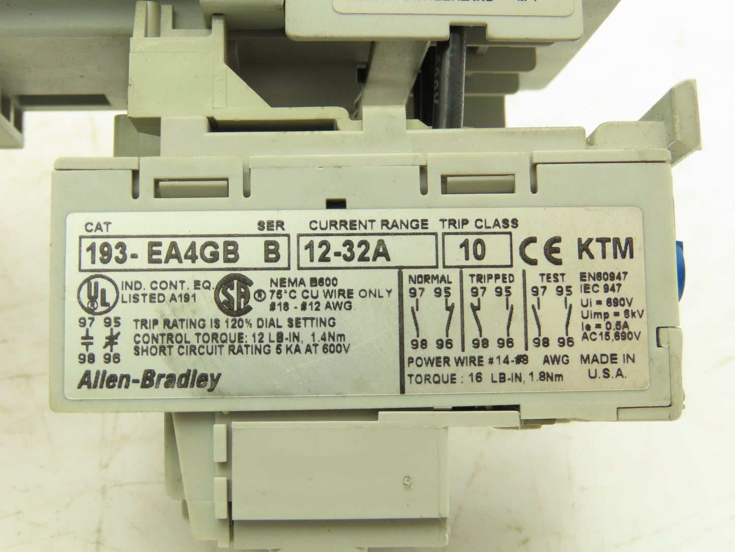 Allen Bradley 193-EA4GB Overload Relay Heater 12-32A Contactor 15Hp 600V