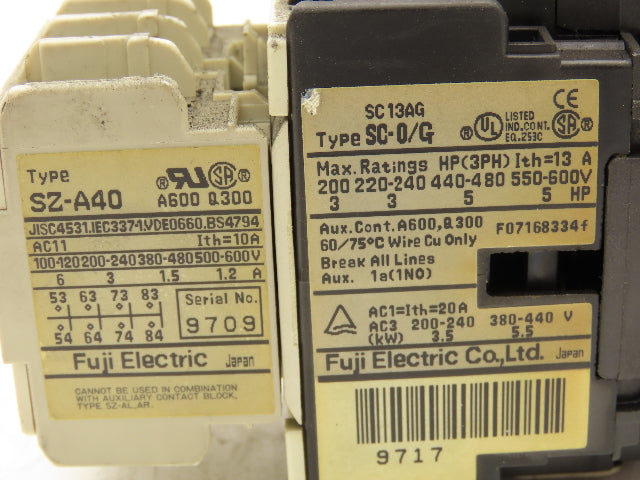 Fuji Electric SZ-A40 | SC-0/G Motor Starter 5Hp 600V 3Ph Coil 24VDC Lot of 5