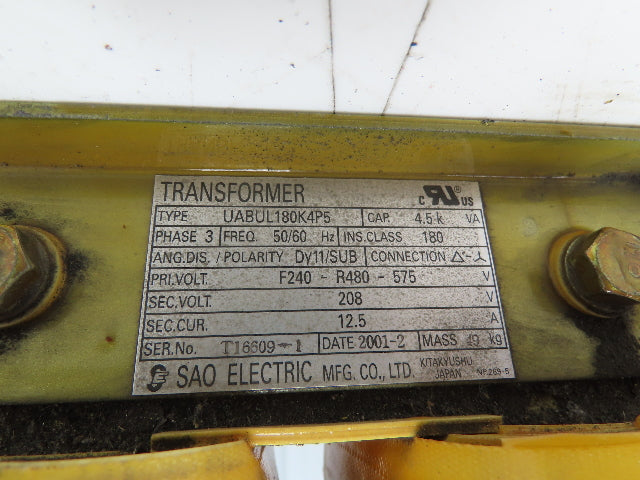 SAO Electric UABUL180K4P5 Power Transformer 4.5kVA 3Ph HV 575/480/240 LV 208
