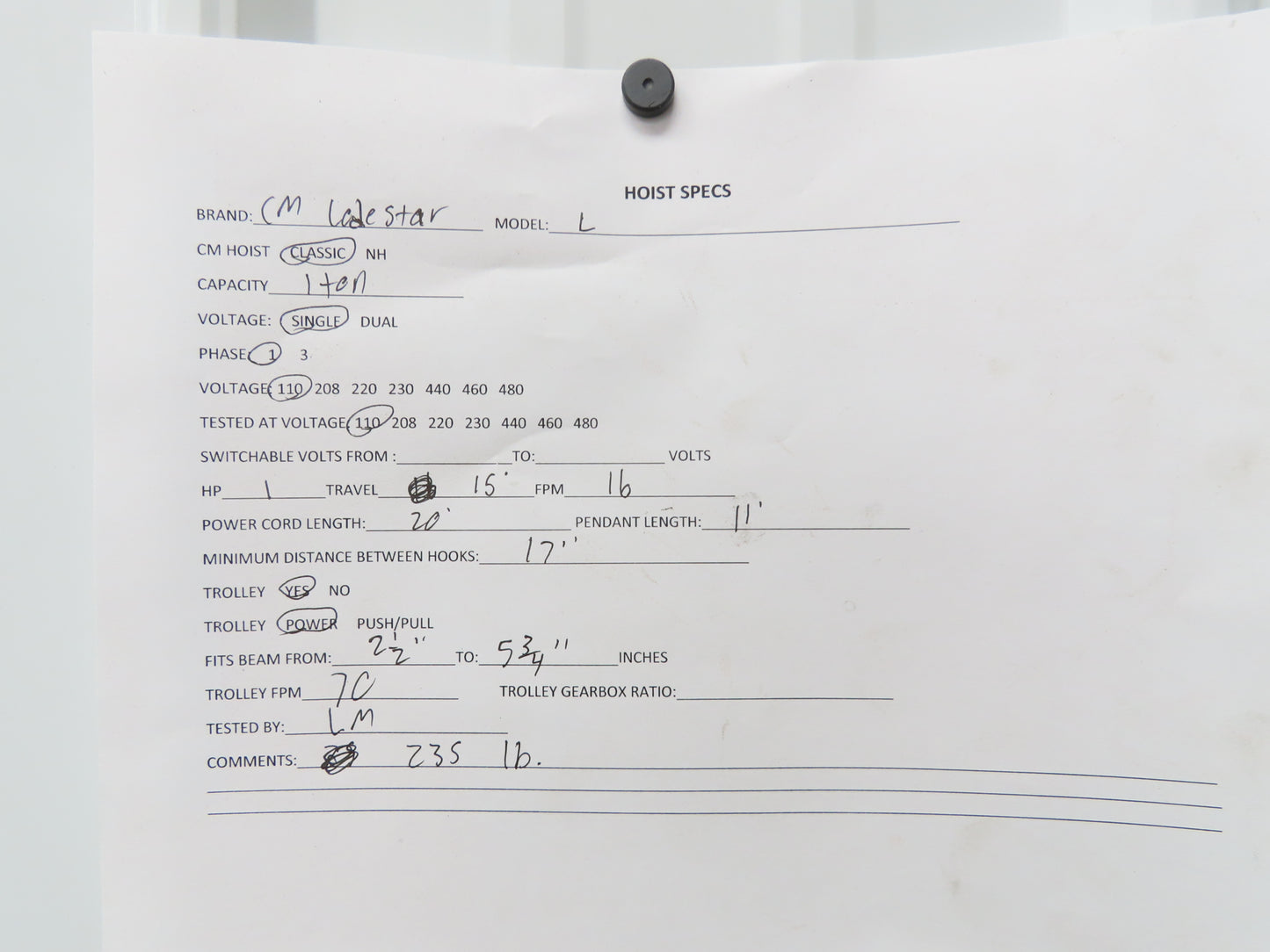 CM Lodestar L 1 Ton Electric Chain Hoist 16 FPM 15' Lift 120 Volt Power Trolley