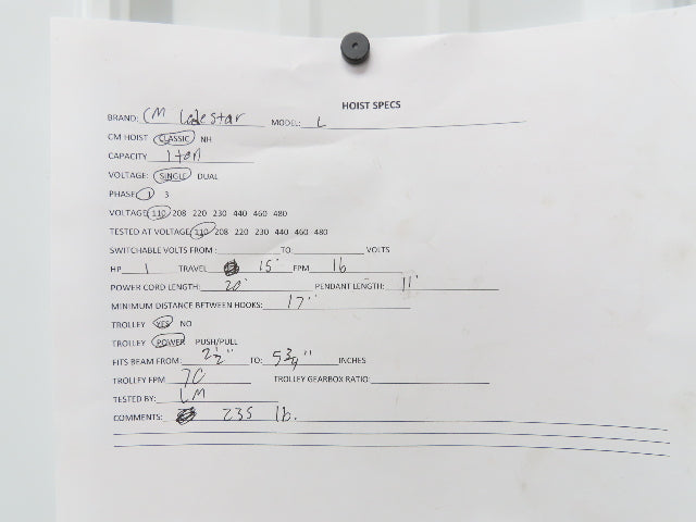 CM Lodestar L 1 Ton Electric Chain Hoist 16 FPM 15' Lift 120 Volt Power Trolley