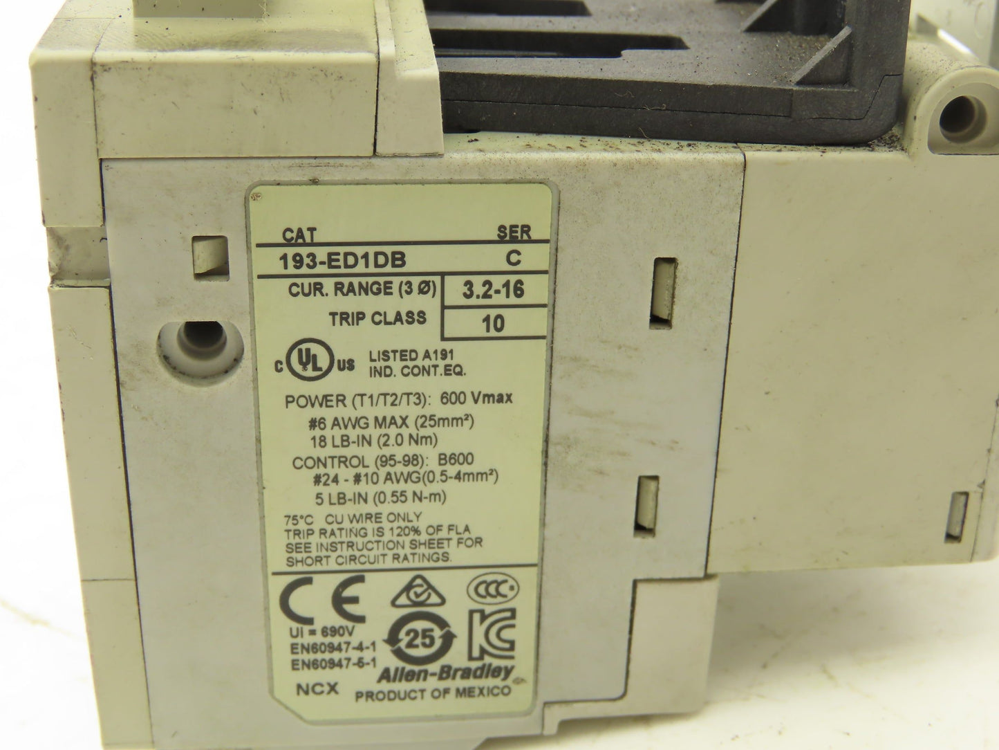 Allen Bradley 193-ED1DB Motor Starter Contactor Overload Relay 3.2-16A