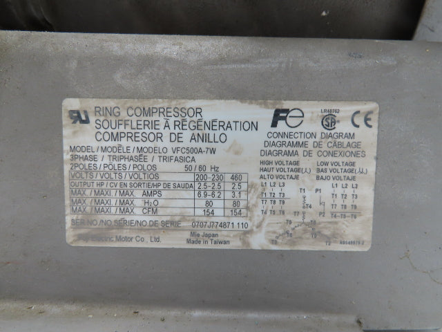 Fuji VFC500A-7W Ring Compressor Regenerative Blower 154cfm 2.5Hp 230/460V 1-1/2"