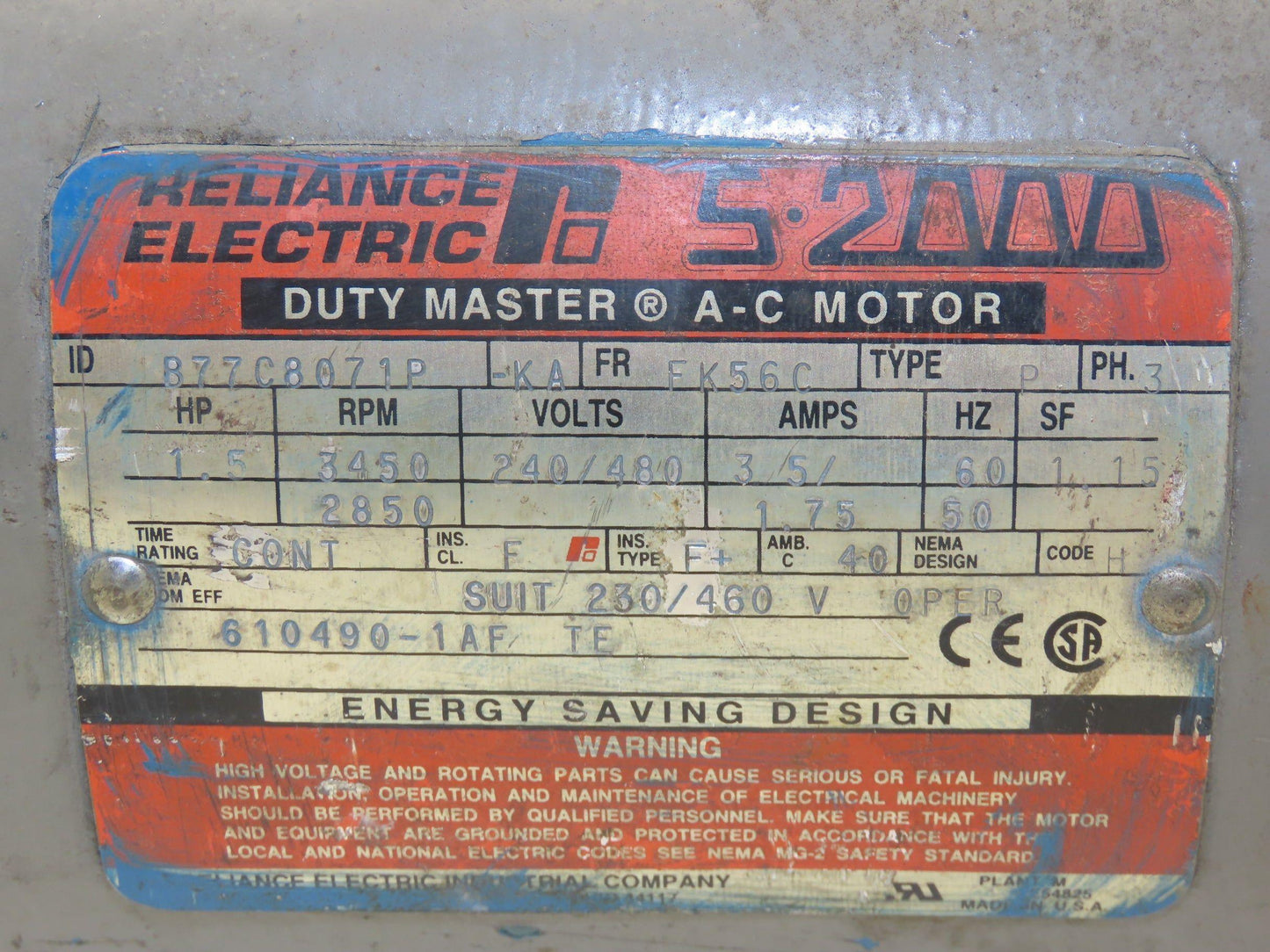 Reliance B77C8071P AC Motor 1.5Hp 3450RPM 240/480V 3Ph FK56C Frame TEFC
