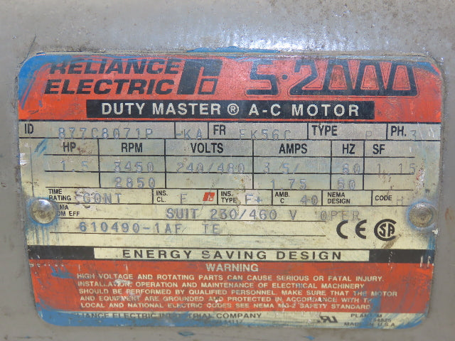 Reliance B77C8071P AC Motor 1.5Hp 3450RPM 240/480V 3Ph FK56C Frame TEFC