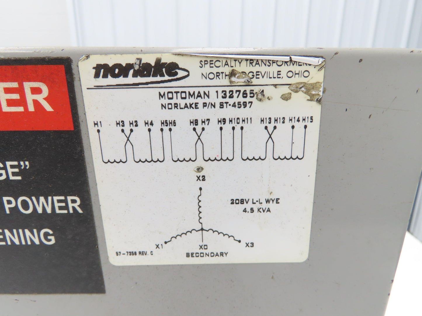 Norlake Motoman ST-4597 Power Transformer 4.5kVA 3Ph HV 575/480/240 LV 208