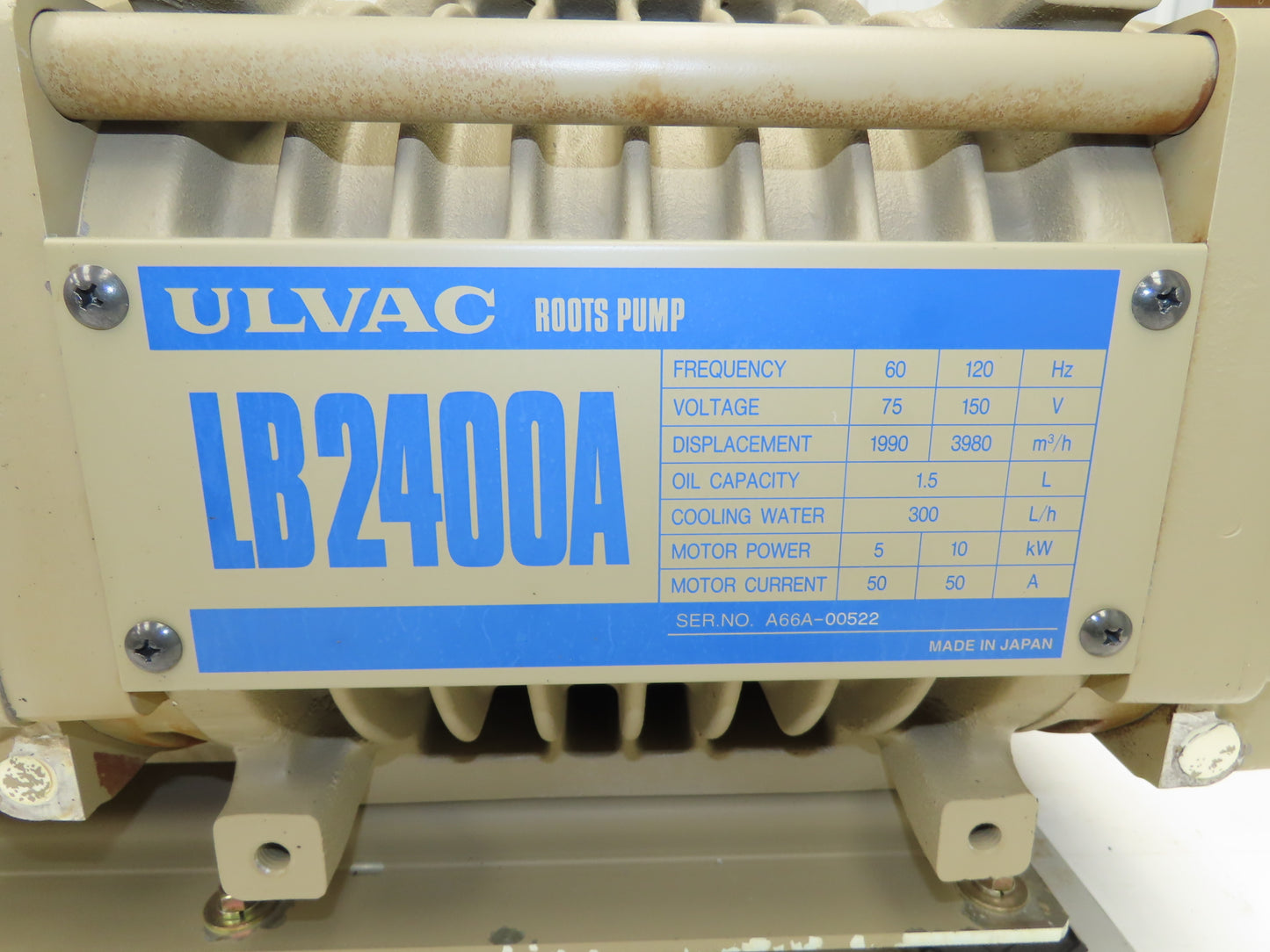 Ulvac LB2400A Roots Blower Vacuum Laser Booster Pump 3980m³/h 10kw 75/150V