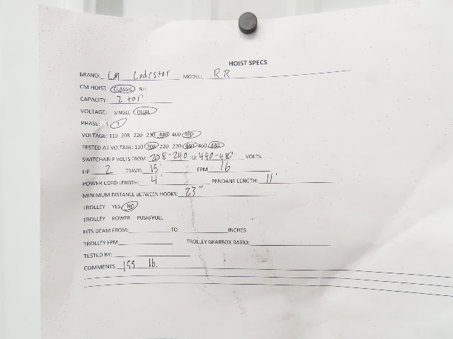 CM Lodestar RR 2 Ton Electric Chain Hoist 15' Lift 16 FPM 230/460 3PH 11'Pendant